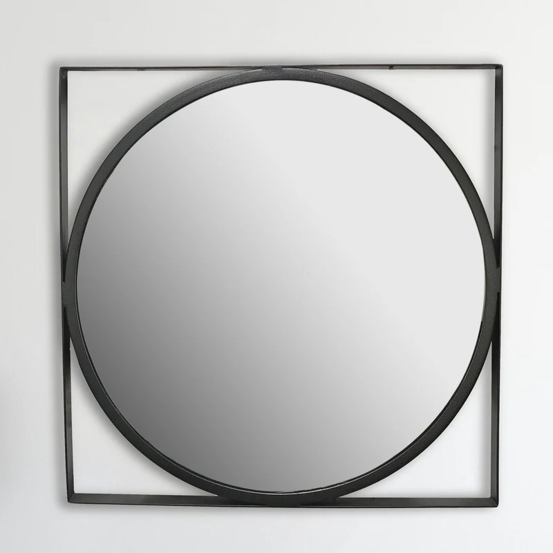 Wandspiegel Rund Metall Schwarz 54x54 cm Quadratischer Rahmen