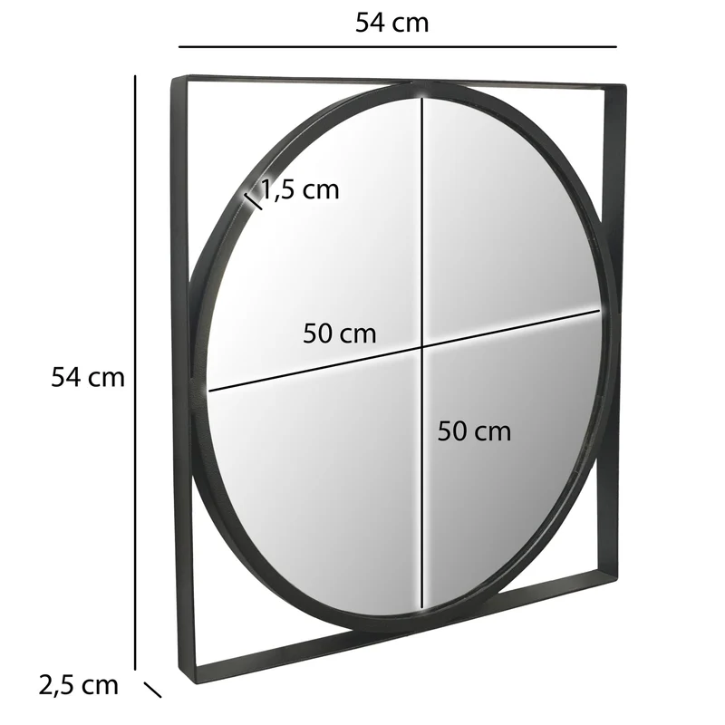 Wandspiegel Rund Metall Schwarz 54x54 cm Quadratischer Rahmen