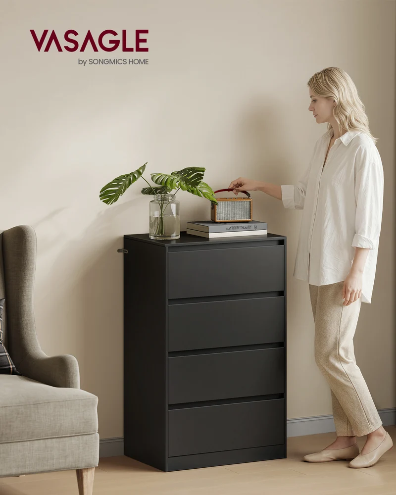 VASAGLE 4-Drawer Dresser, Modern Minimalist Storage Tower Unit, Chest of Drawers for Organizing, 15.7 x 23.6 x 38.3 Inches, Ebony Black