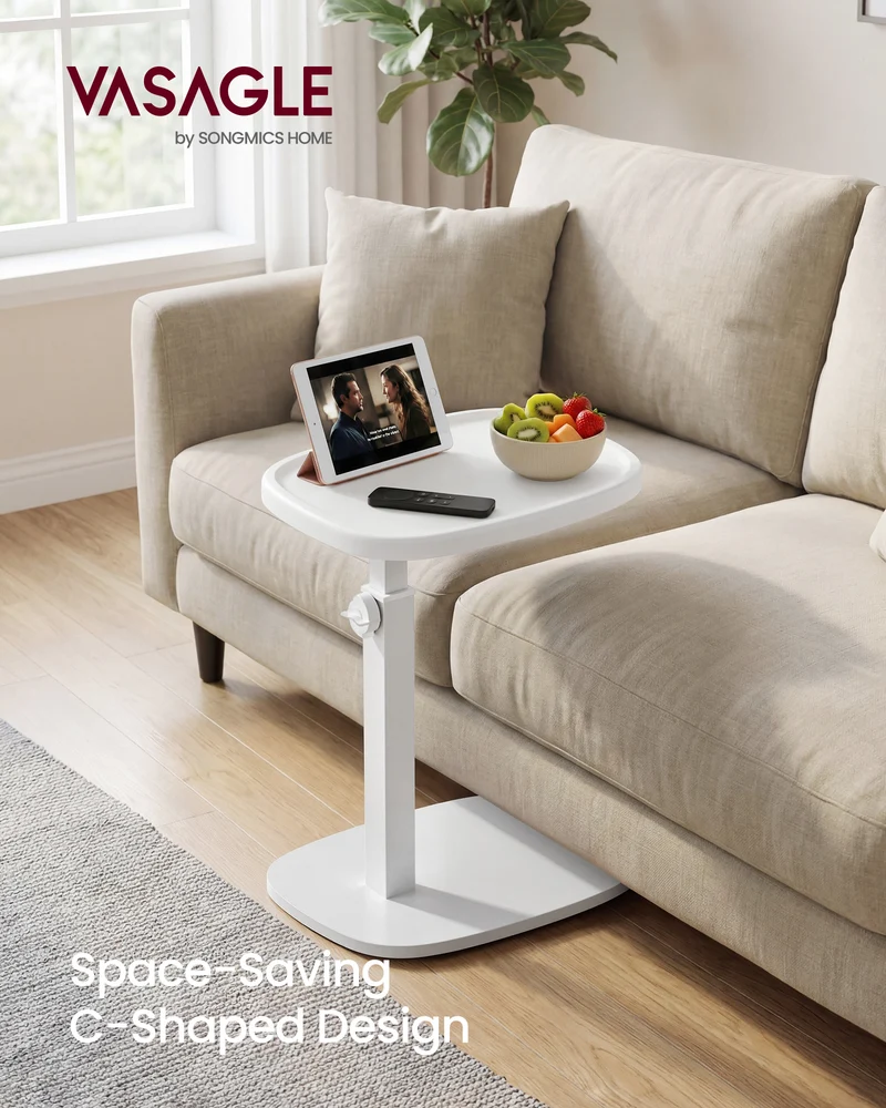 VASAGLE Couch Table, C-Shaped Sofa Side End Table, Bedside Table, Adjustable Height, for Small Spaces, 11.8 x 15.7 x 27.2 Inches, Cloud White