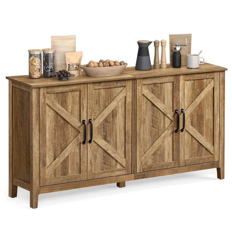 VASAGLE Sideboard Buffet Cabinet, Kitchen Storage Cabinet with Rattan Decorated Doors Rustic Walnut