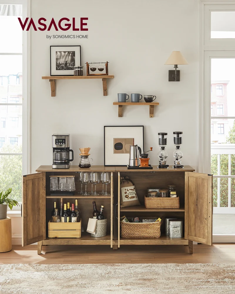 VASAGLE Sideboard Buffet Cabinet, Kitchen Storage Cabinet with Rattan Decorated Doors Rustic Walnut