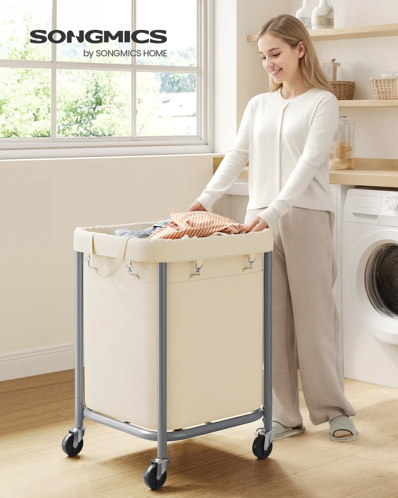 SONGMICS 45-Gallon (170 L) Laundry Basket with Wheels,with Steel Frame and Removable Bag, 2 Locking Wheels, Cream White and Metallic Silver