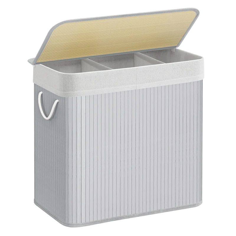 SONGMICS Laundry Hamper, 39.6 Gallons (150L), 3-Section Laundry Basket, Laundry Hamper with Lid, Bamboo, Foldable, Removable and Machine Washable Liner, for Laundry Room, Bedroom, Gray