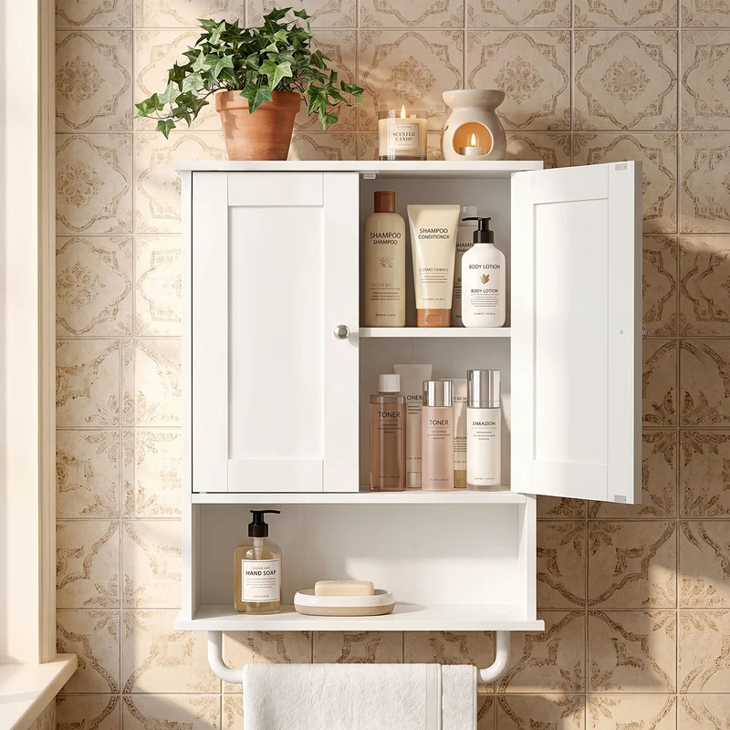 VASAGLE Wall Mounted Cabinet, Bathroom Storage Medicine Cabinet with 2 Doors and Open Shelf, 17.7 x 7.9 x 23.6 inch, for Living Room, White