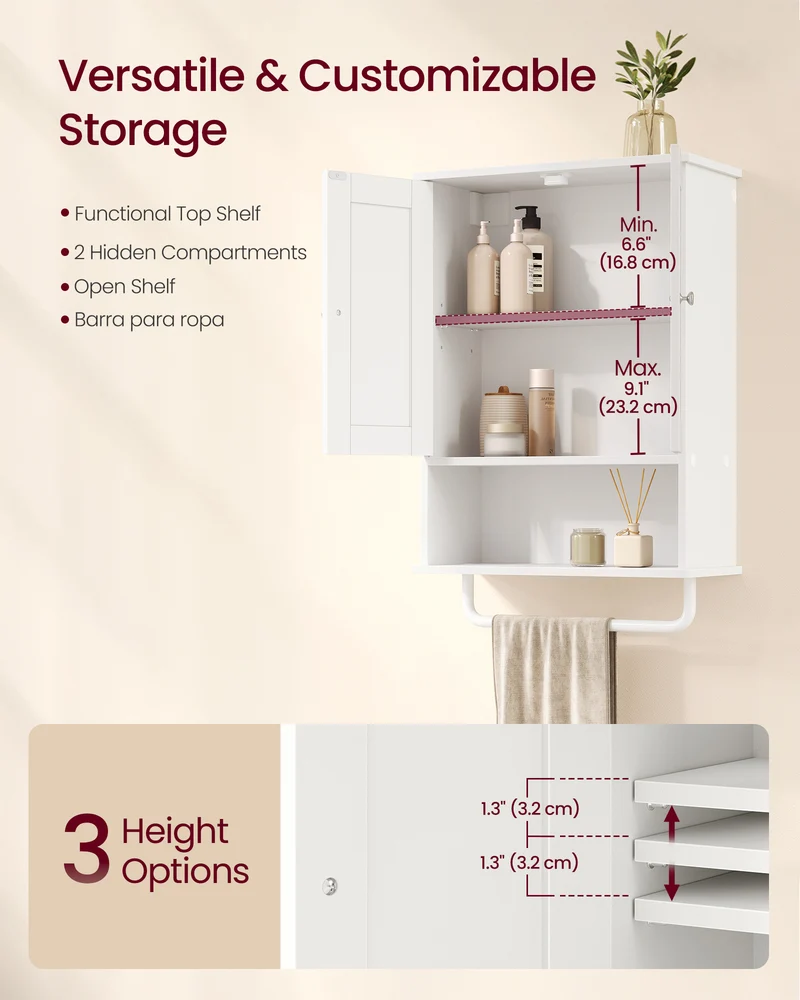 VASAGLE Wall Mounted Cabinet, Bathroom Storage Medicine Cabinet with 2 Doors and Open Shelf, 17.7 x 7.9 x 23.6 inch, for Living Room, White