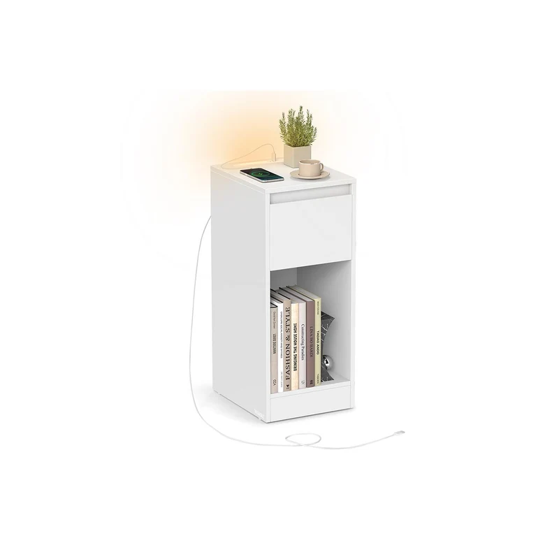 Mesita de noche estrecha con luz LED y puertos USB