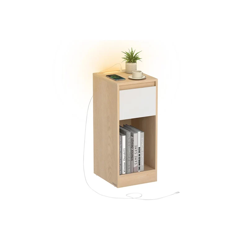 Mesita de noche estrecha con luz LED y puertos USB