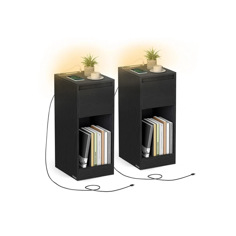 Mesita de noche estrecha con luz LED y puertos USB