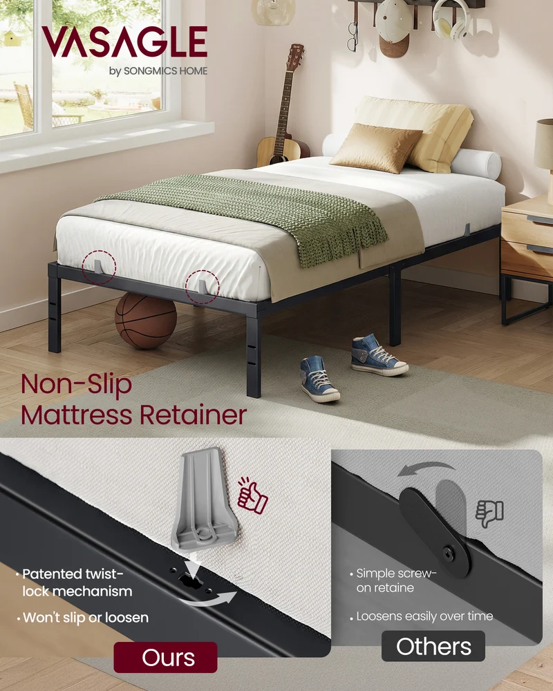 VASAGLE Twin Metal Bed Frame 14 Inches Tall, 1100 lb Weight Capacity, No Box Spring Needed, with Under-Bed Storage, Easy Setup, Heavy-Duty Platform Bed, Mattress Retainers, Matte Black