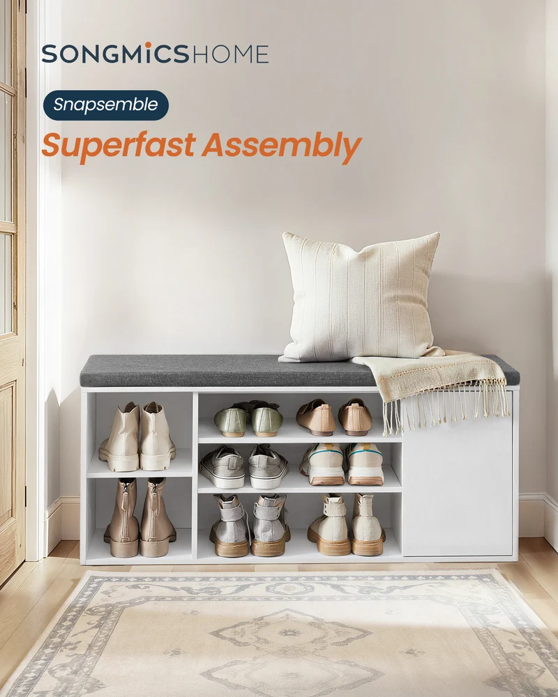 SONGMICS HOME Storage Bench, Snapsemble Superfast Assembly, 41" Wide Entryway Shoe Bench with Cushion & Adjustable Shelves, Shoe Rack Cabinet, Snow White and Slate Gray