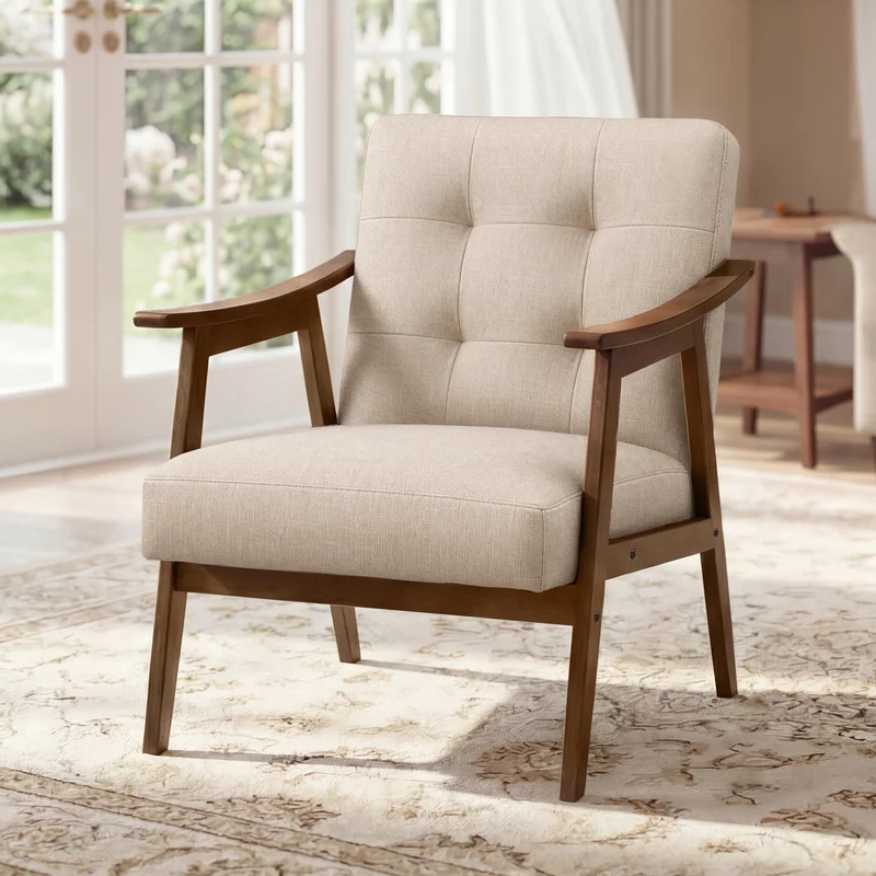 VASAGLE Accent Chair, Armchair, Button Tufted Living Room Chair, Thick Cushion, Mid Century Modern Lounge Seating, Reading Nook, Beige