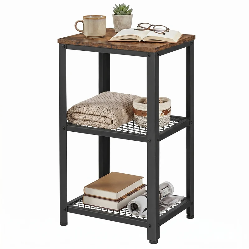 VASAGLE 3-Tier Tall Side Table, Small Telephone End Table Stand with 2 Mesh Storage Shelves, Kitchen Cart, Rustic Brown and Black
