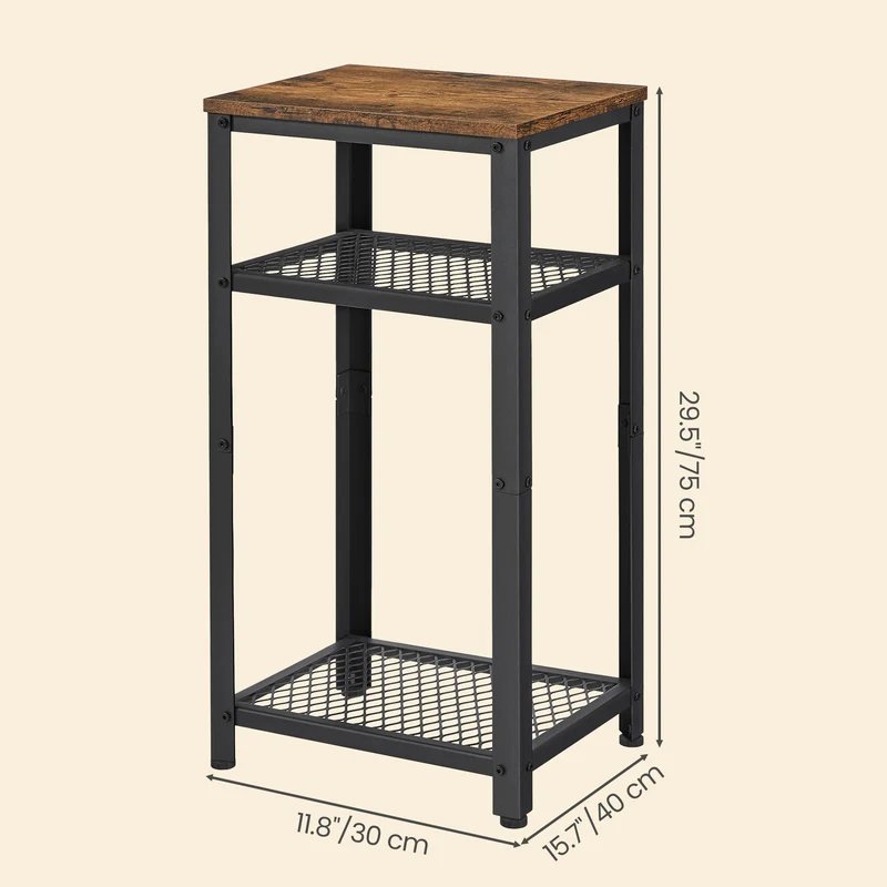 VASAGLE 3-Tier Tall Side Table, Small Telephone End Table Stand with 2 Mesh Storage Shelves, Kitchen Cart, Rustic Brown and Black