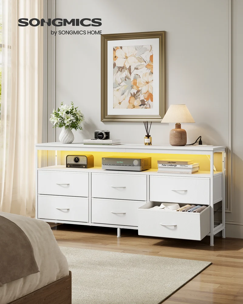 SONGMICS BELLAH Collection - Dresser for Bedroom, Chest of Drawers, TV Stand for TVs Up to 65 Inches, Closet, 6 Drawers and 1 Shelf, Cloud White