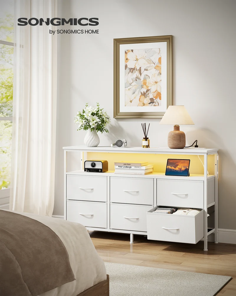 SONGMICS BELLAH Collection - Dresser for Bedroom, Chest of Drawers, TV Stand for TVs Up to 55 Inches, Closet, 6 Drawers and 1 Shelf, Cloud White