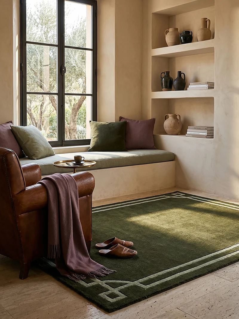 Teppich Kurzflor im Art-Déco-Stil, Klassische Bordüre, Wohnzimmer