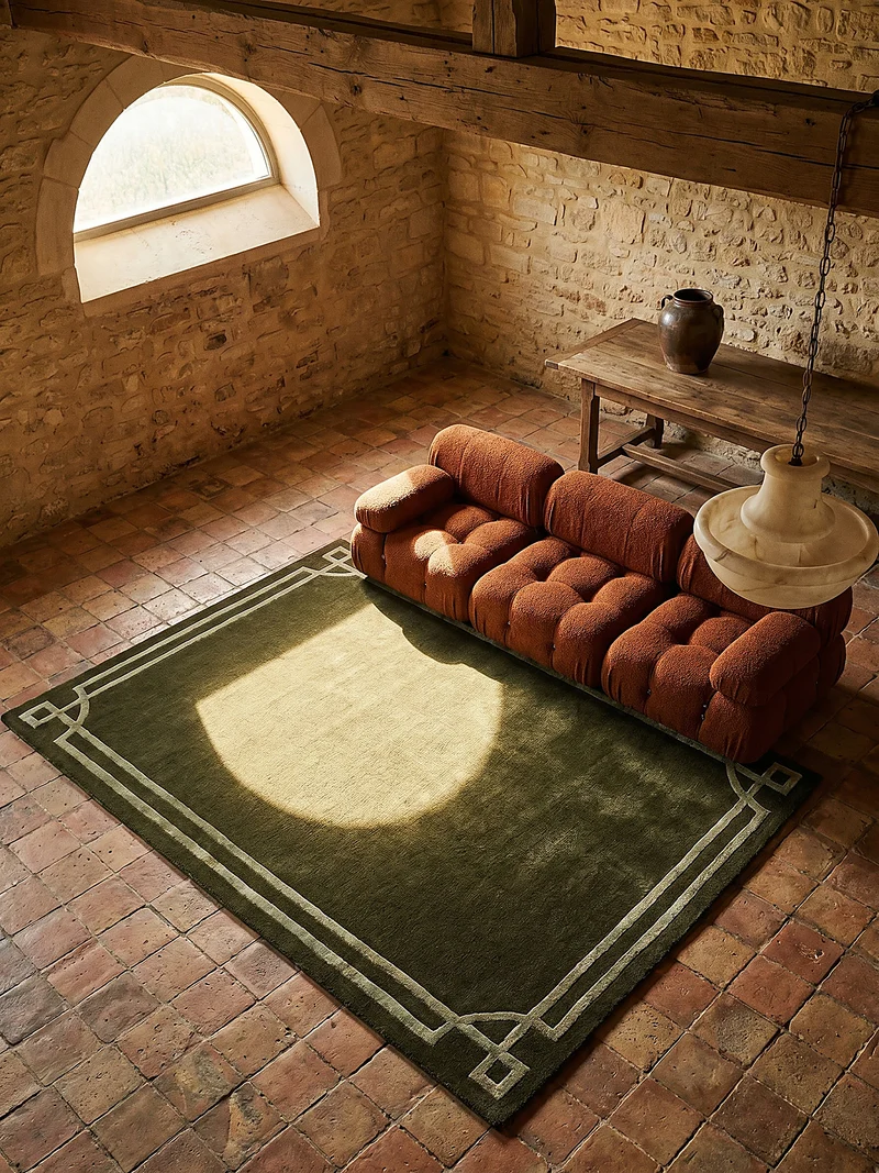 Teppich Kurzflor im Art-Déco-Stil, Klassische Bordüre, Wohnzimmer