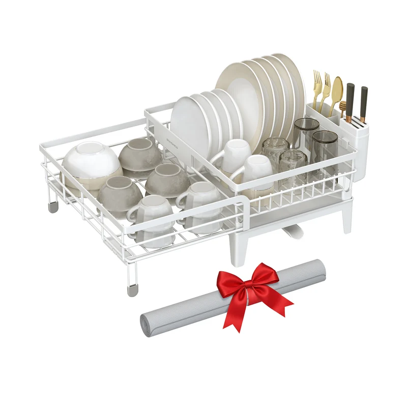 SONGMICS Dish Drying Rack with Drainboard, 360°Rotatable and Extendable Spout, with Cutlery Holder, 12.2-22x16.5x7.9 Inches, Matte White and Dove Gray
