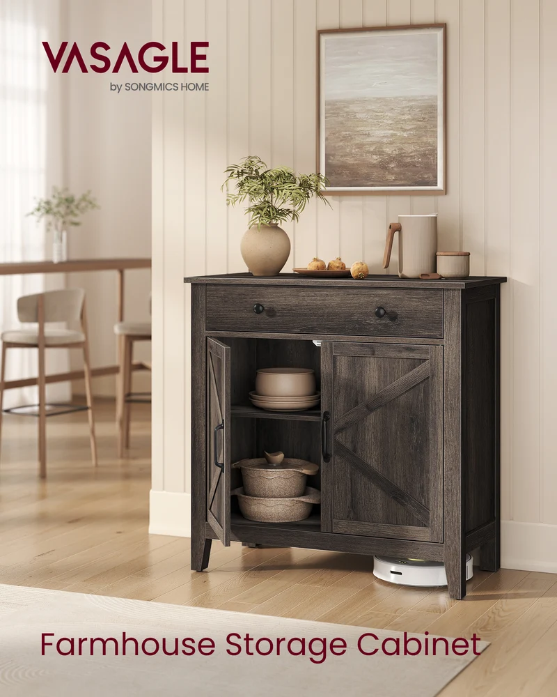 VASAGLE LIRY Collection - Buffet Cabinet, Coffee Bar Cabinet with a Drawer, Adjustable Shelf, Sideboard Storage with Cable Hole, Drawer Divider, Taupe Brown