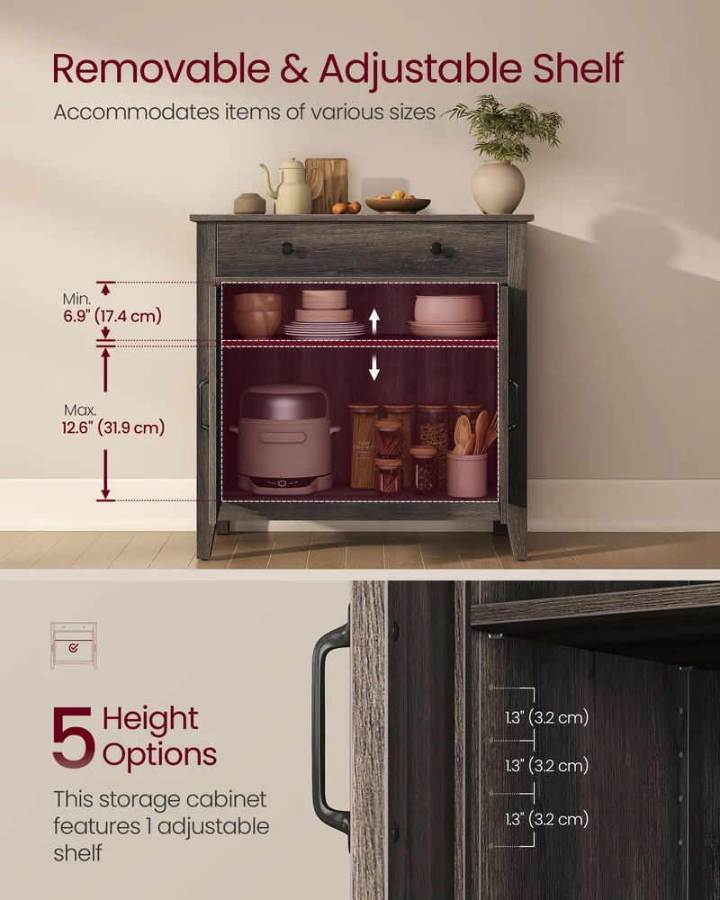 VASAGLE LIRY Collection - Buffet Cabinet, Coffee Bar Cabinet with a Drawer, Adjustable Shelf, Sideboard Storage with Cable Hole, Drawer Divider, Taupe Brown