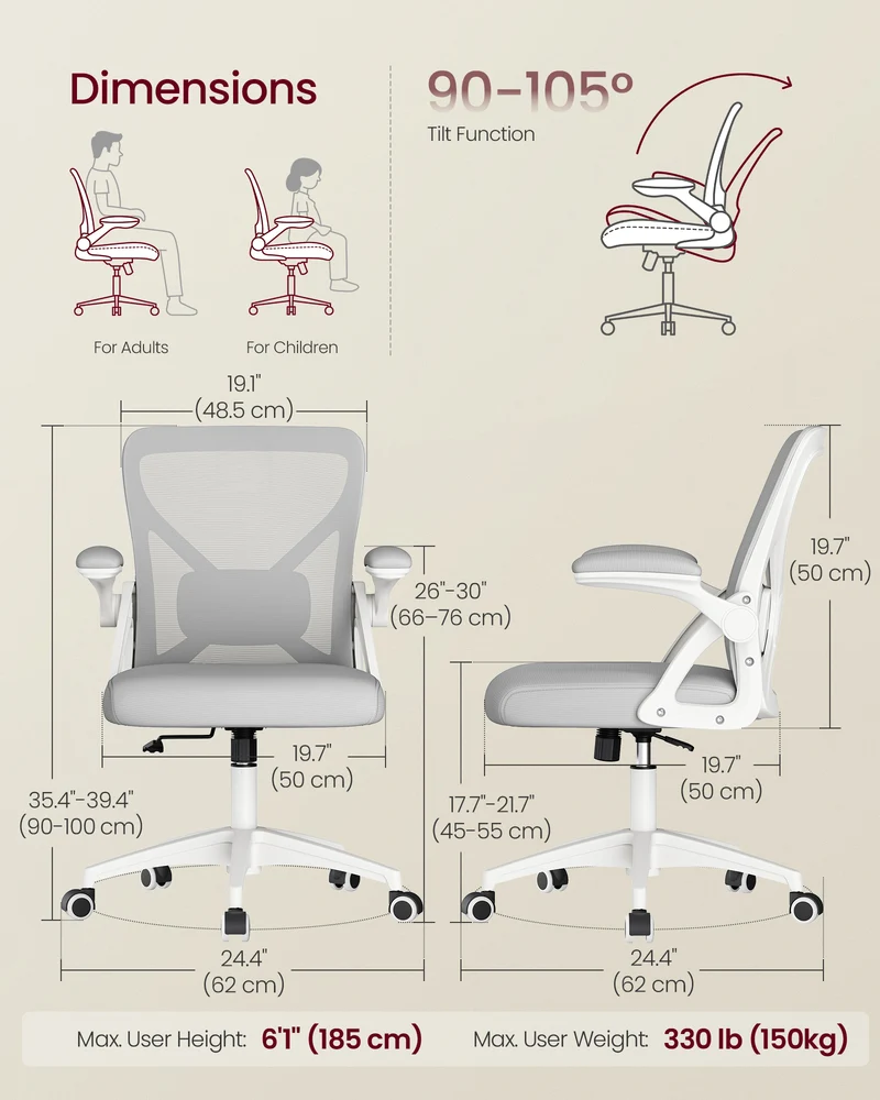 VASAGLE Ergonomic Mesh Office Chair with Adjustable Lumbar Support, 90-105 Tilt Function, Wide Seat, Flip-Up Armrests, Dove Gray