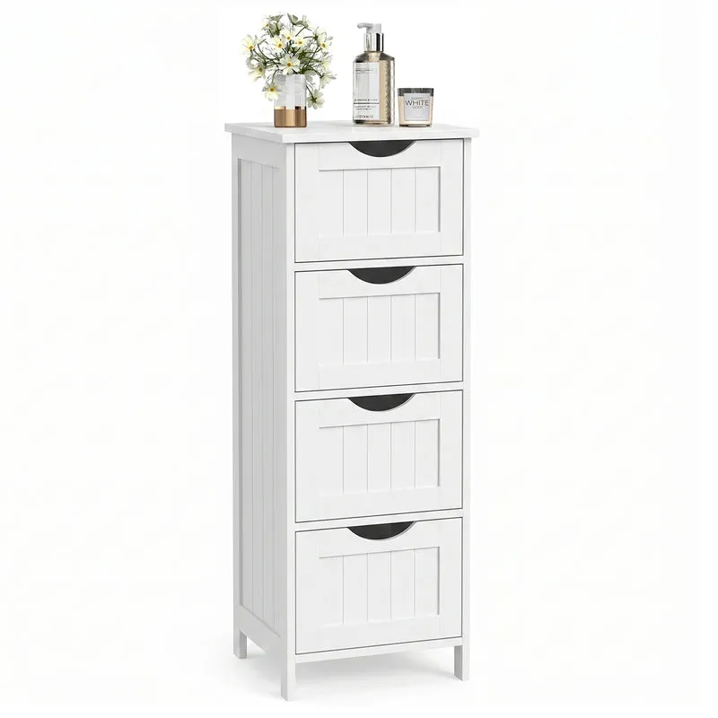 VASAGLE Bathroom Floor Storage Cabinet, Bathroom Storage Unit with 4 Drawers, Bathroom Cabinet Freestanding, 30 x 30 x 82 cm, Modern Style, White