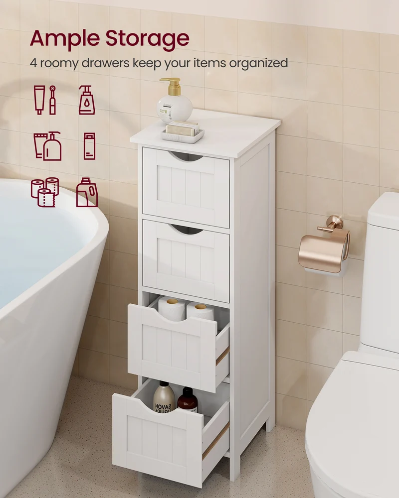 VASAGLE Bathroom Floor Storage Cabinet, Bathroom Storage Unit with 4 Drawers, Bathroom Cabinet Freestanding, 30 x 30 x 82 cm, Modern Style, White