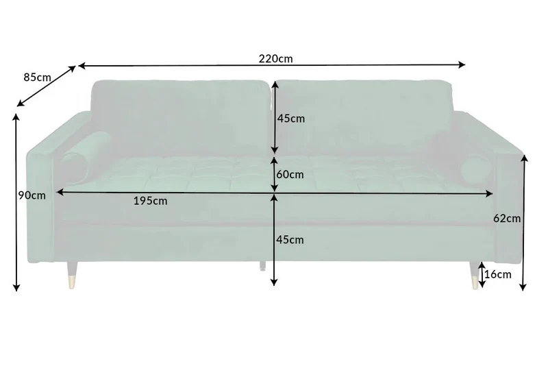 Modernes 3er Sofa 220cm COMFORT grün Samt Taschenfederkern