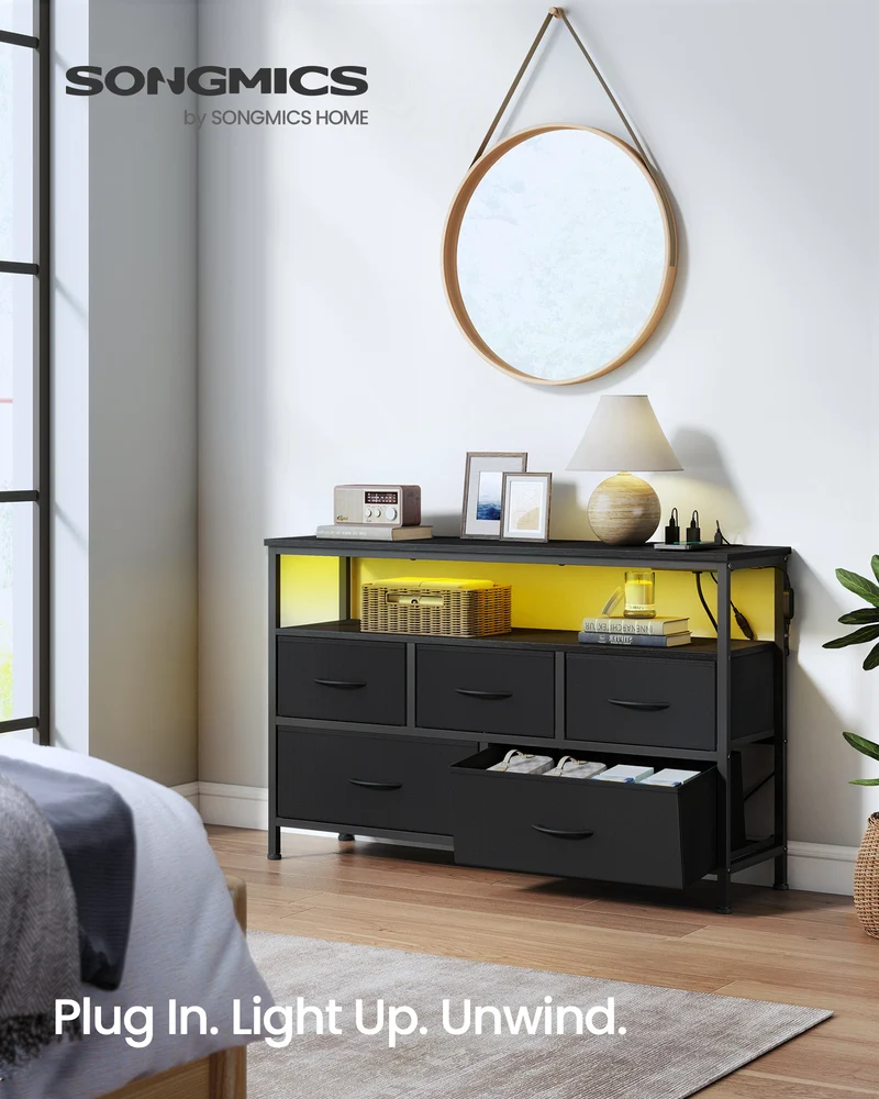 SONGMICS BELLAH Collection - Dresser for Bedroom with App-Controlled LED Lights and Charging Station, Chest, TV Stand, 5 Drawers, Ink Black