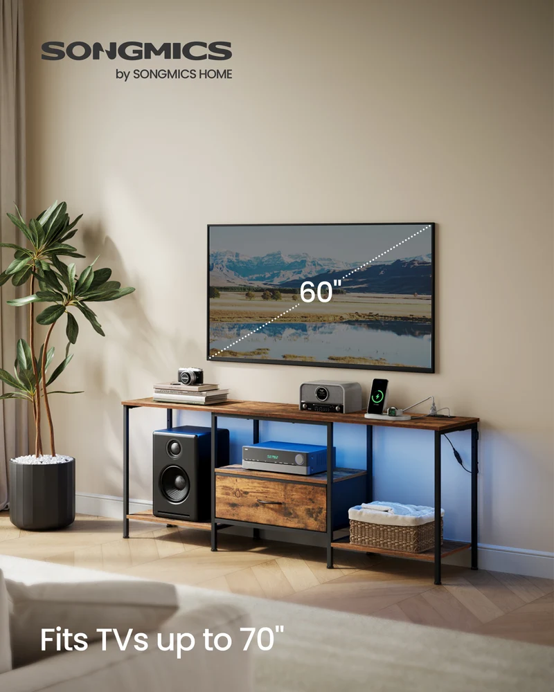 SONGMICS TV Stand, 61.8-Inch Entertainment Center with LED Lights and Power Outlets, Media Console with 1 Drawer and Storage Shelves, Rustic Brown