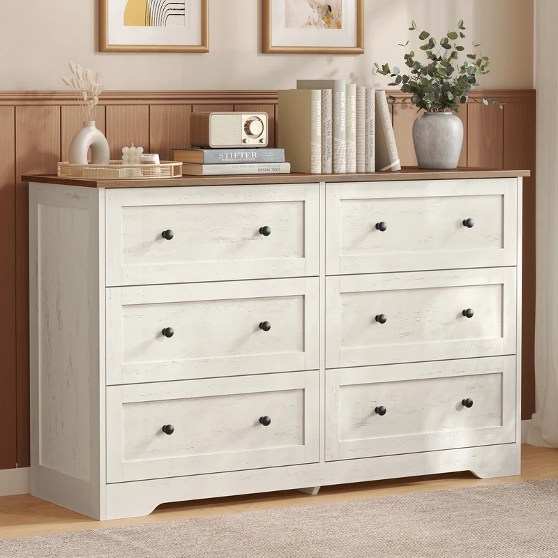 VASAGLE 6-Drawer Dresser, Engineered Wood Chest of Drawers, Large Capacity, 47.2 x 15.7 x 30.7 in, Rustic White and Honey Brown, Siren Collection