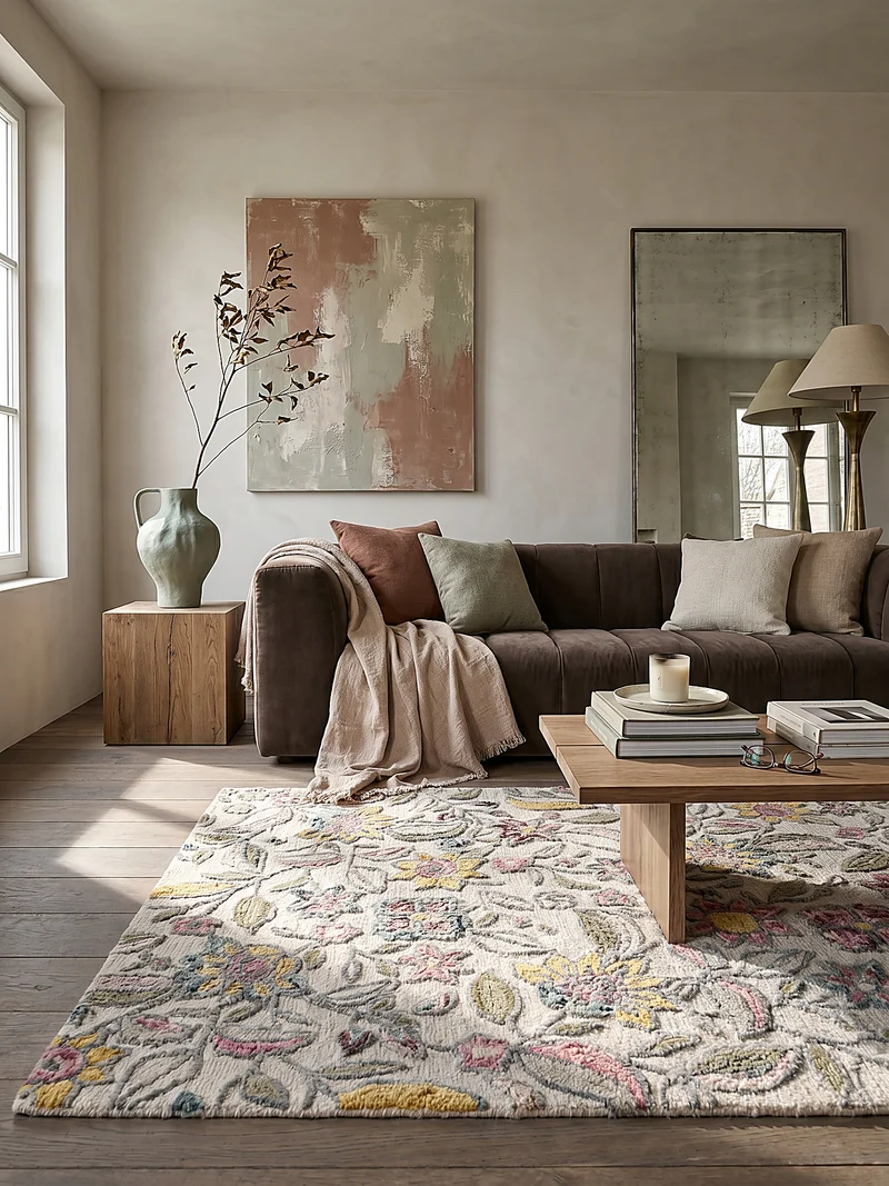 Wollteppich Botanisch Floral mit Aquarell-Effekt, Wohnzimmer