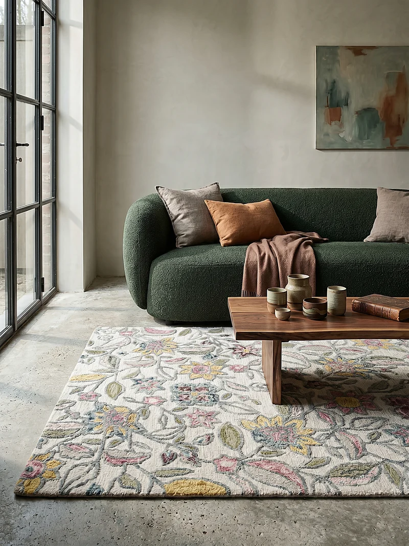 Wollteppich Botanisch Floral mit Aquarell-Effekt, Wohnzimmer