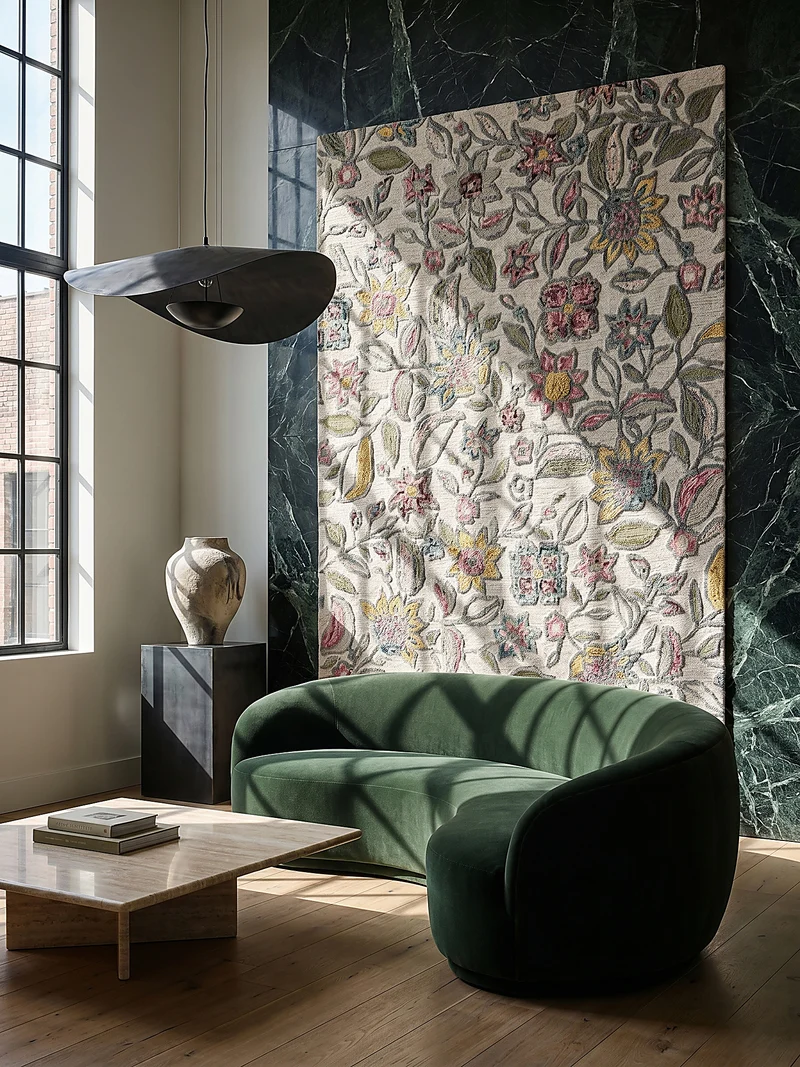 Wollteppich Botanisch Floral mit Aquarell-Effekt, Wohnzimmer
