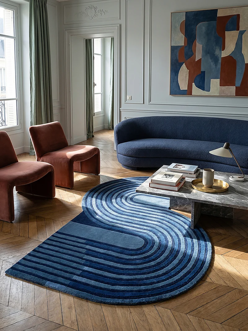 Teppich handgetuftet aus Wolle mit geometrischem S-förmigem Design und Hoch-Niedrig Flor