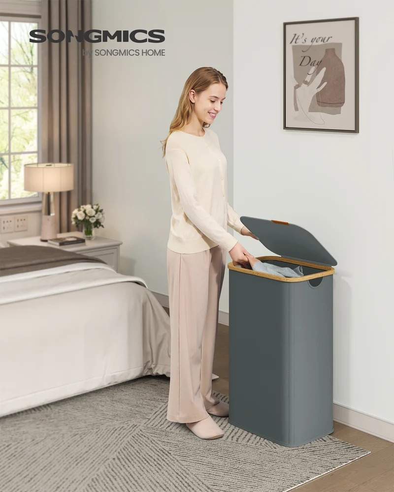 SONGMICS Laundry Hamper, Laundry Basket with Lid, Foldable Storage Basket, Bamboo Frame, Oxford Fabric, 26.4 Gal. (100 L), Slate Gray
