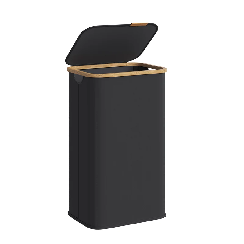 SONGMICS Laundry Hamper, Laundry Basket with Lid, Foldable Storage Basket, Bamboo Frame, Oxford Fabric, 26.4 Gal. (100 L), Ink Black