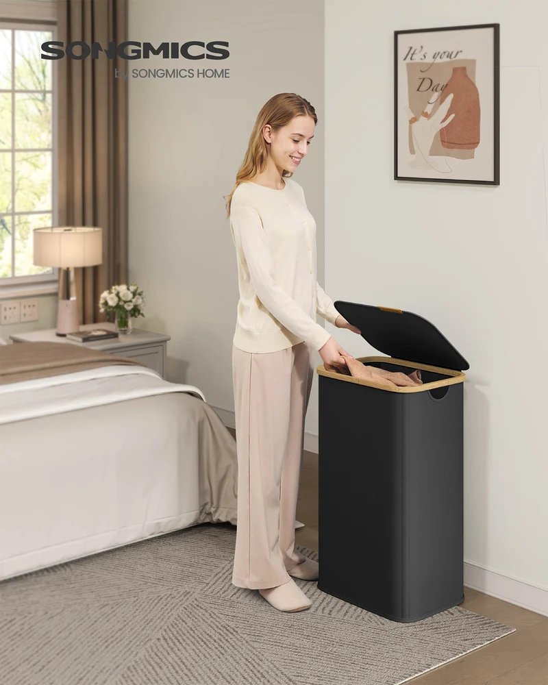 SONGMICS Laundry Hamper, Laundry Basket with Lid, Foldable Storage Basket, Bamboo Frame, Oxford Fabric, 26.4 Gal. (100 L), Ink Black