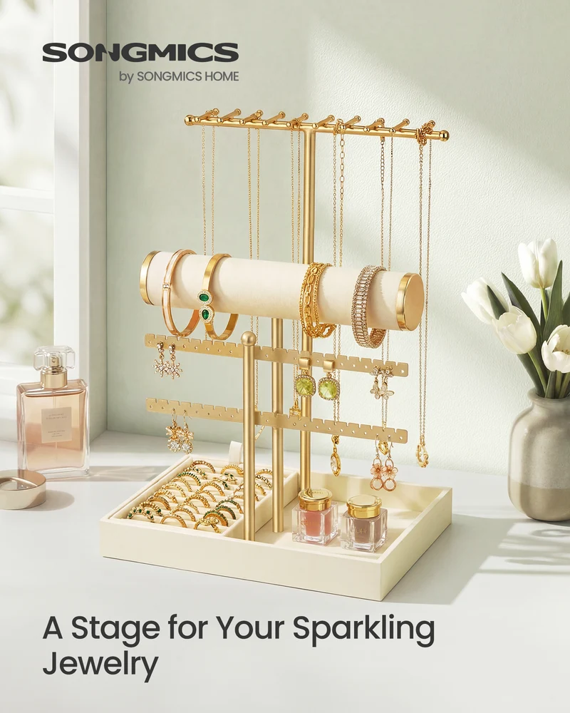 SONGMICS Bracelet Holder Stand, Jewelry Display Stand, Jewelry Organizer, with 3 Tiers and Long Pile Plush Fabric Tray, Light Warm White