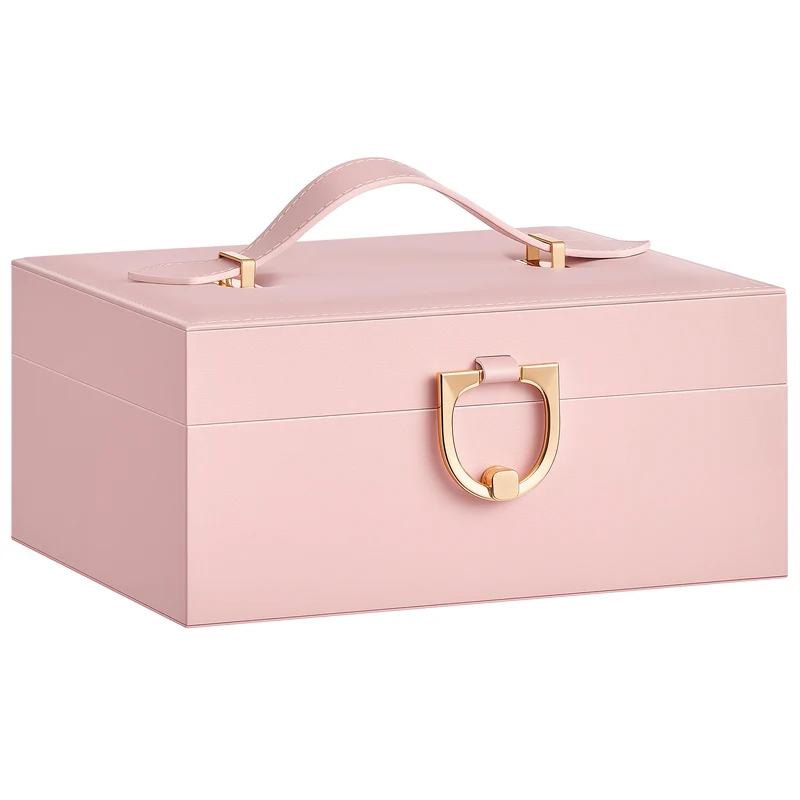 SONGMICS 2-Layer Jewelry Box Organizer, Jewelry Storage Case with Removable Tray and Handle, Earrings, 6.7 x 8.1 x 3.7 Inches, Gift Idea, Jelly Pink