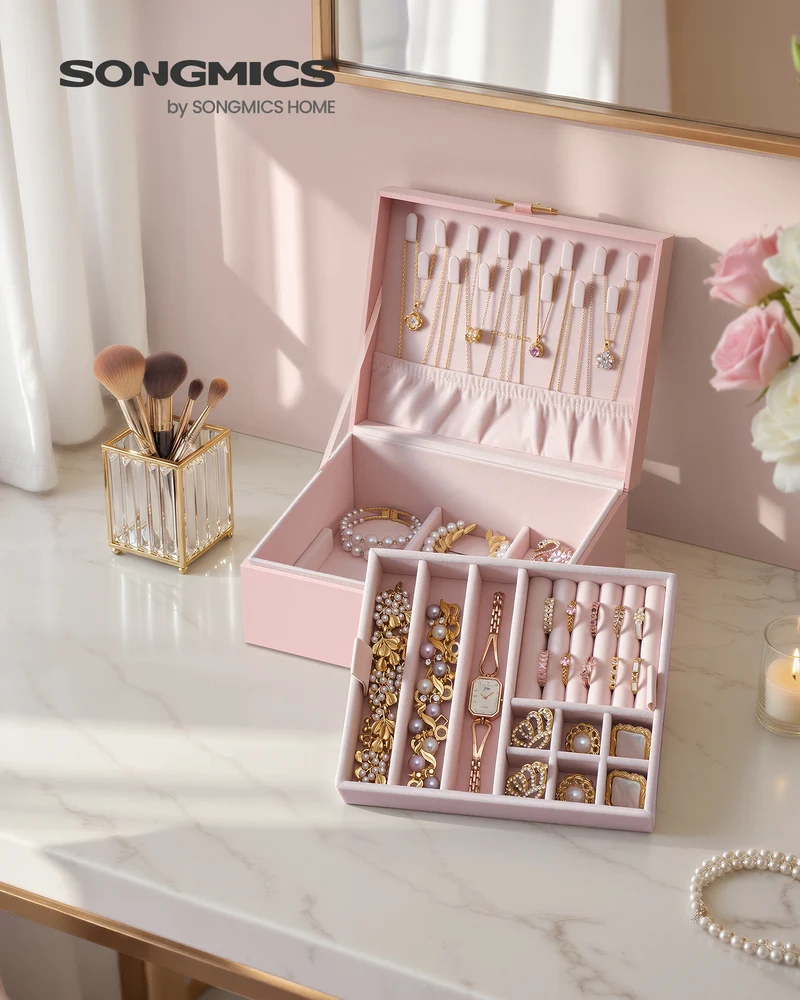 SONGMICS 2-Layer Jewelry Box Organizer, Jewelry Storage Case with Removable Tray and Handle, Earrings, 6.7 x 8.1 x 3.7 Inches, Gift Idea, Jelly Pink