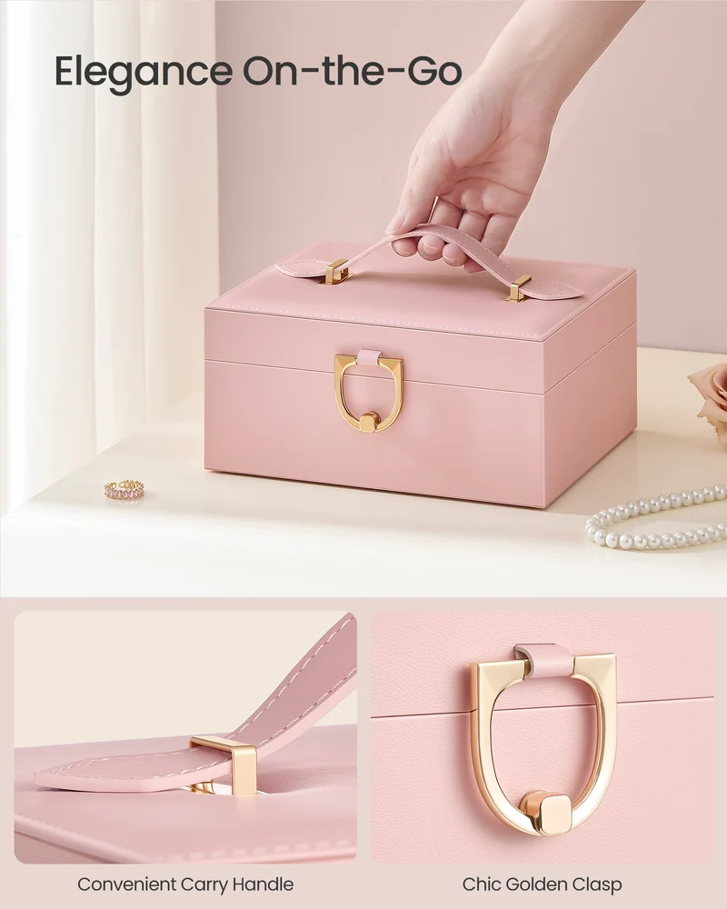 SONGMICS 2-Layer Jewelry Box Organizer, Jewelry Storage Case with Removable Tray and Handle, Earrings, 6.7 x 8.1 x 3.7 Inches, Gift Idea, Jelly Pink
