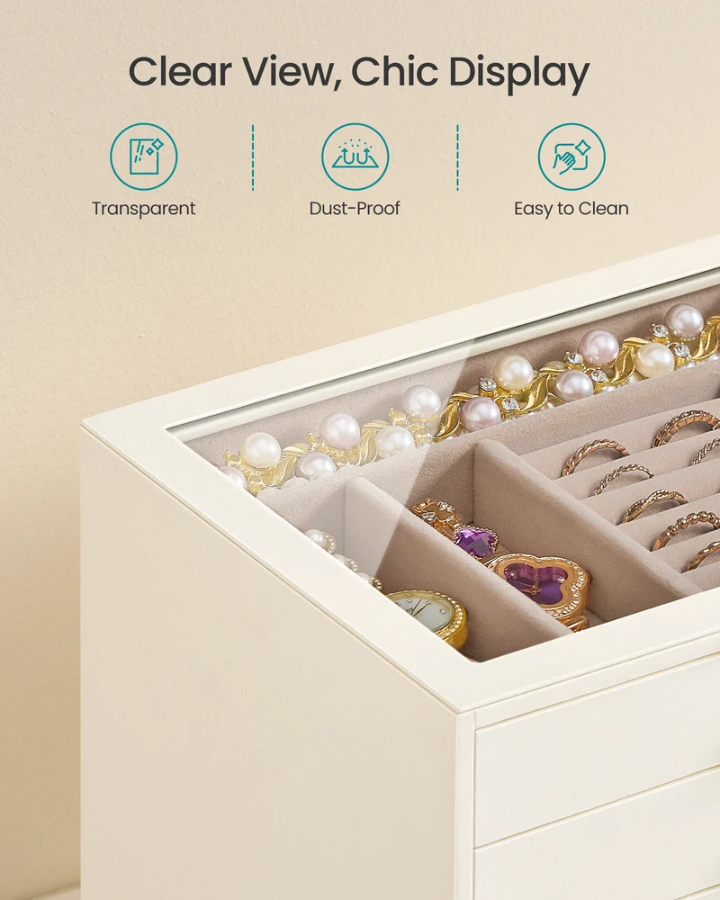 SONGMICS 5-Layer Jewelry Box with Glass Window, Jewelry Organizer with 5 Drawers, Golden Handles, Gift Idea, Light Warm White, 9.4 x 6.8 x 7.2 Inches