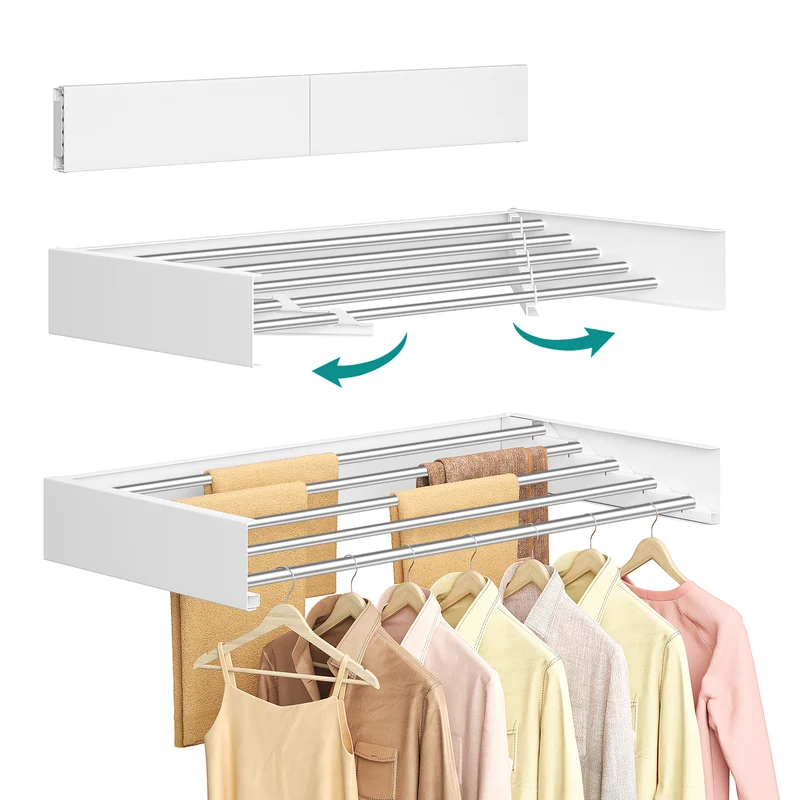SONGMICS Wall Mounted Drying Rack, Clothes Drying Rack Foldable, Laundry Clothes Airer, 5 Fold-Out Aluminum Alloy Bars, Matte White