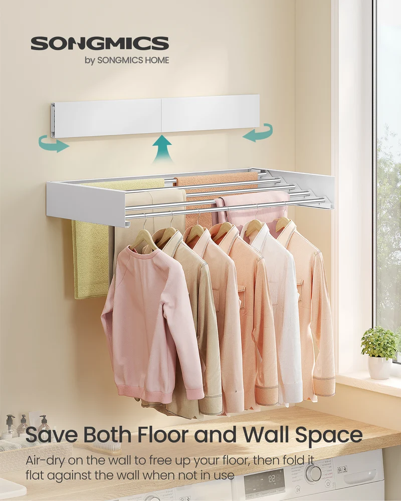 SONGMICS Wall Mounted Drying Rack, Clothes Drying Rack Foldable, Laundry Clothes Airer, 5 Fold-Out Aluminum Alloy Bars, Matte White