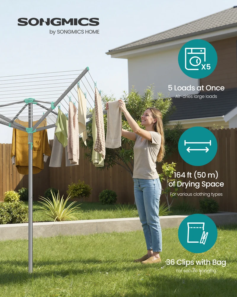 SONGMICS Umbrella Clothesline, Rotary Washing Line, Foldable, with Clips, Cover, Ground Anchor, 164 ft (50 m) Long for 5 Loads of Laundry, Silver