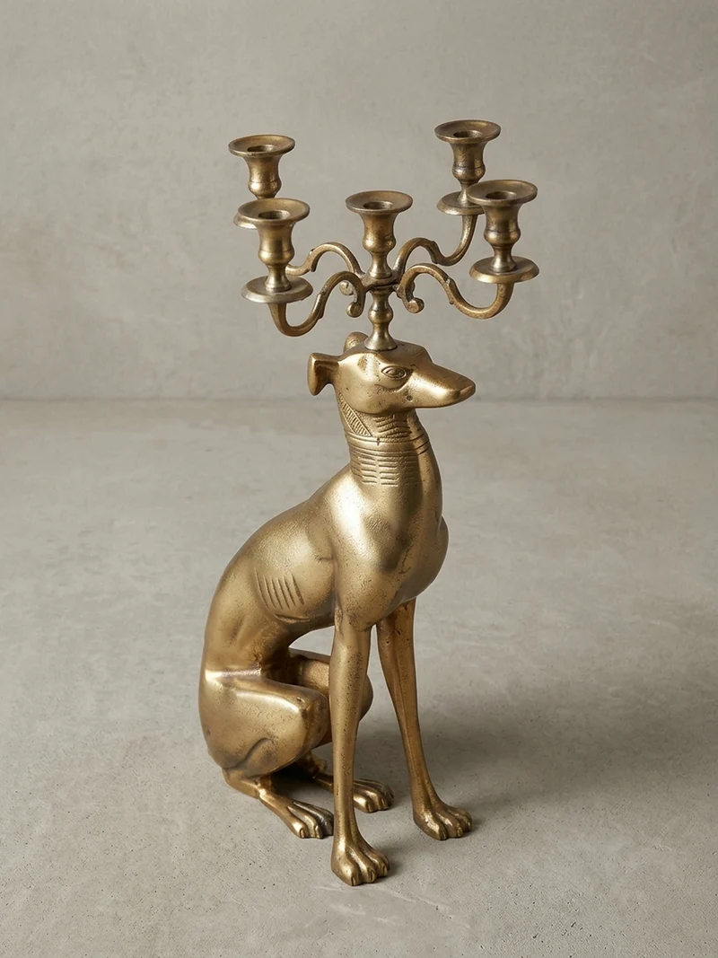Dekofigur Kerzenhalter Windhund Aluminium Gold 69 cm mit 5 Armen