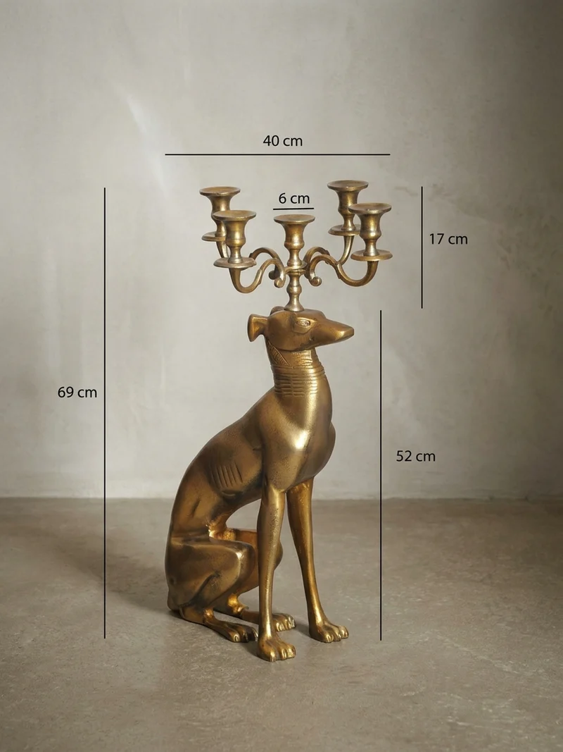 Dekofigur Kerzenhalter Windhund Aluminium Gold 69 cm mit 5 Armen