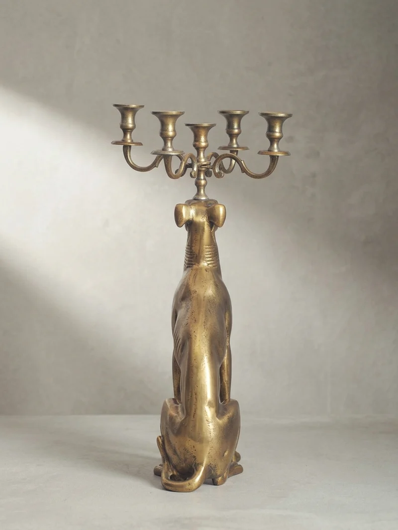 Dekofigur Kerzenhalter Windhund Aluminium Gold 69 cm mit 5 Armen
